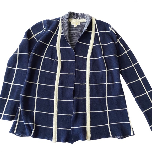 MODCLOTH Sweater Blue White Cardigan Checkered Grid Long Oversized Comfy Size L - Picture 7 of 8